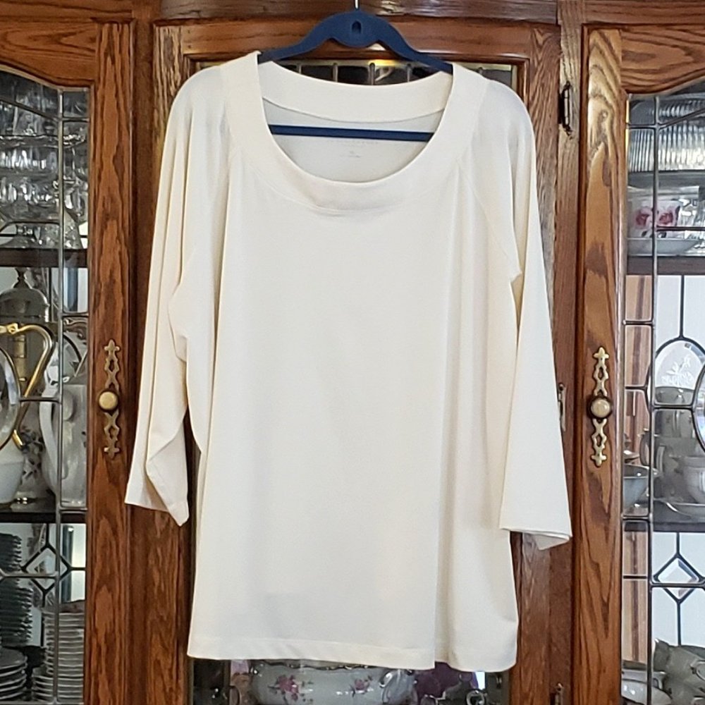Susan Graver Essentials Butterknit Bateau Neck 3/4 Sleeve Top    3x  Cream/Ivory